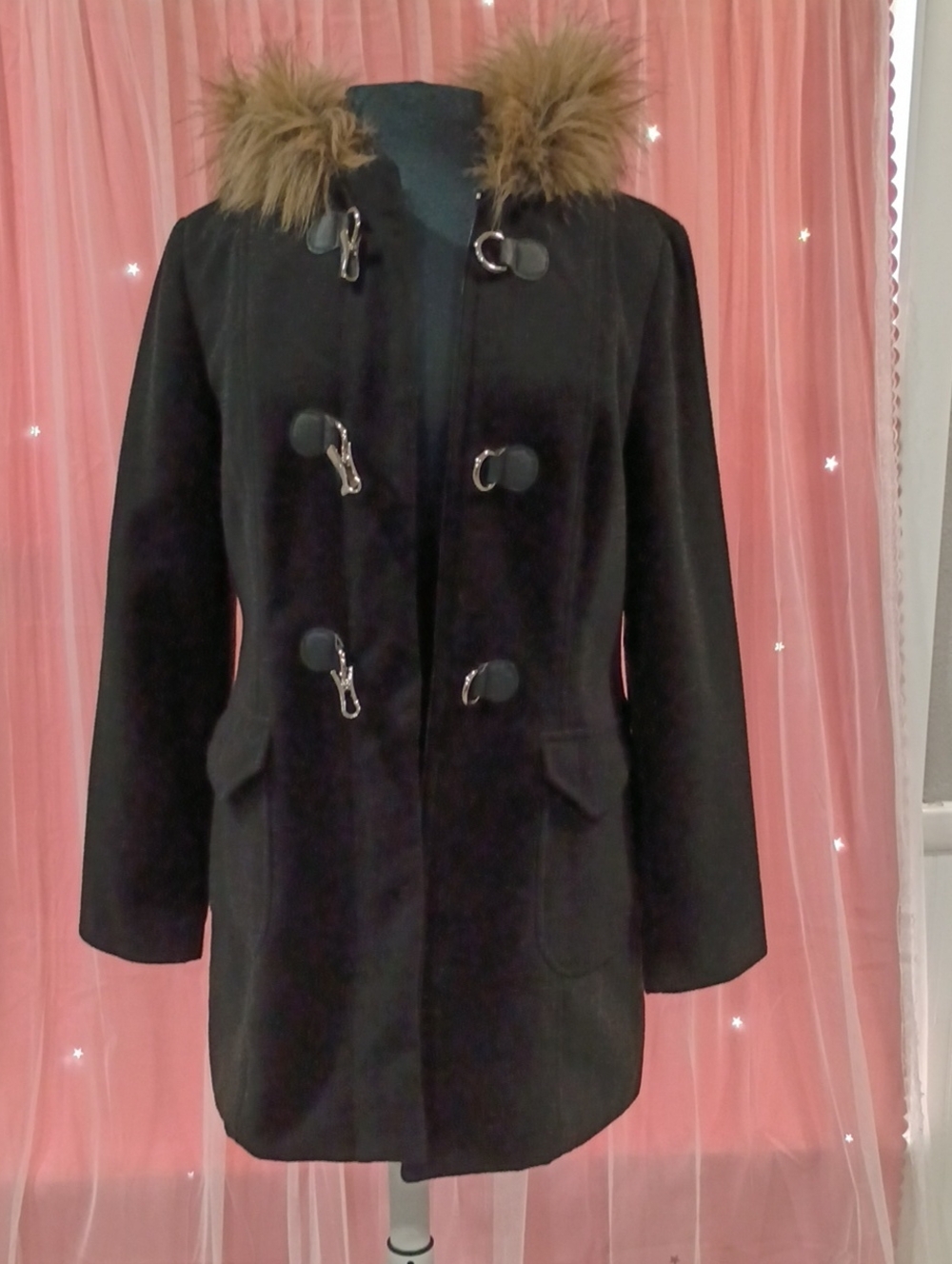 Style & Co. Black Pea Coat with Brown Faux Fur Hood Trim